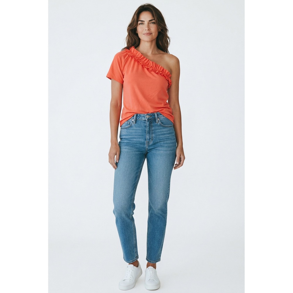 BiBi Womens One Shoulder Ruffle Neck Top Coral Pink Short Sleeve Knit Shirt‎ S